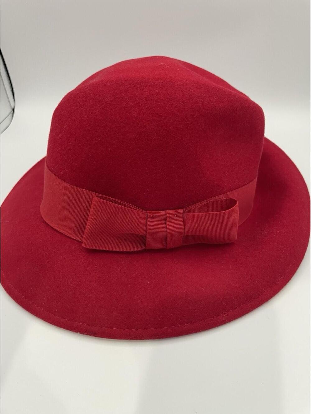 Vintage Red w/ Red Ribbon Hat 100% Wool Made In Italy sz 22 3/4”Brim  2 1/2”